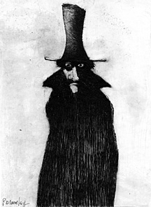 Peters etching art of a mysterious man in a tall hat