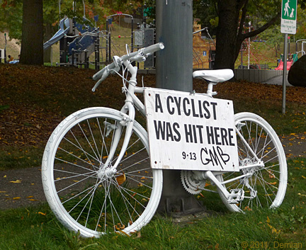 Bike with sign: ''Bicyclist Hit Here'' 